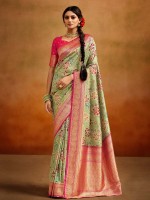 Light Green And Pink Soft Handloom Banarasi Silk Saree